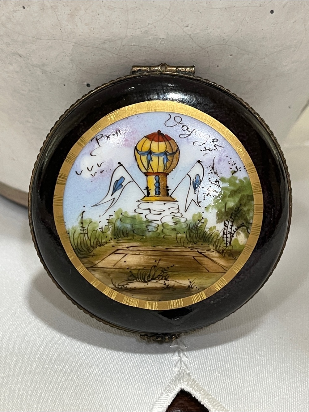 Limoges Black Enamel Trinket Box with Painted Hot-Air Balloon Medallion